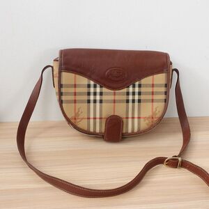 Burberry Leather Haymarket Crossbody Bag Beige Saddle Horse Tartan Check VINTAGE